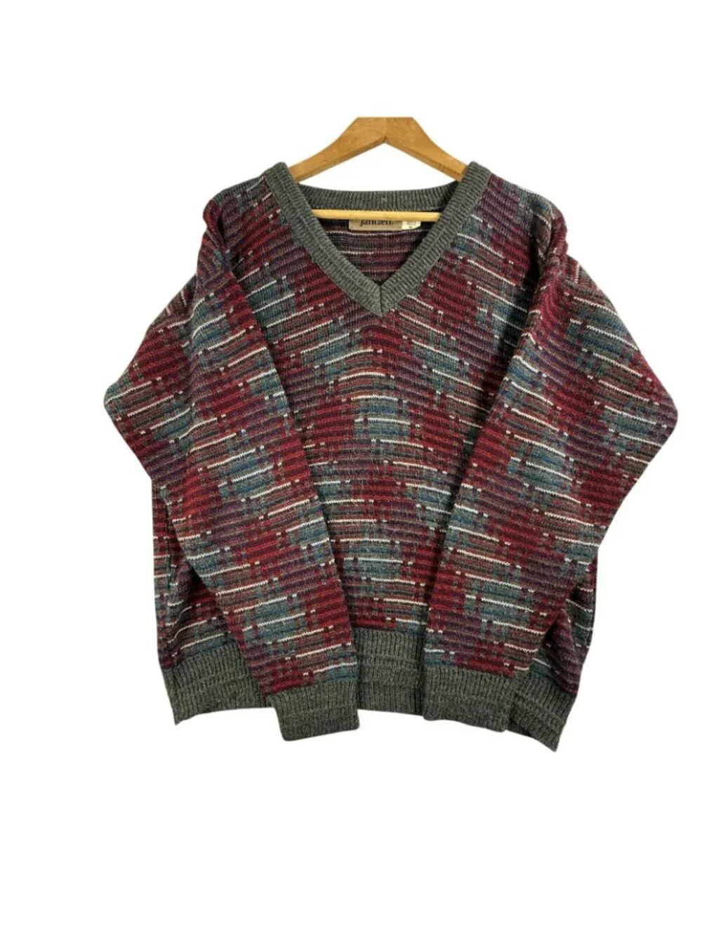 Vintage Jantzen Sweater Mens Medium Red Geometric V Neck Acrylic Knit Pullover